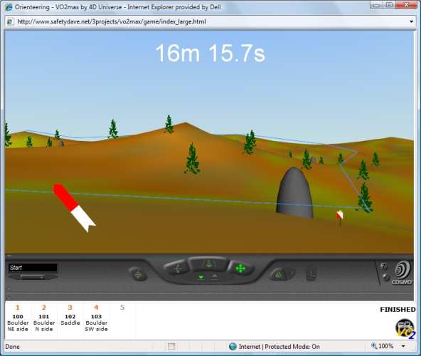 A screenshot of a virtual orienteering game showing a first person view of terrain, the time to complete the course, and a blue line that shows the route taken to complete the course.