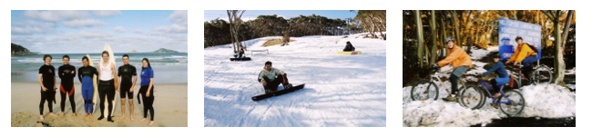 Triptych of surfing, snowboarding and mountain biking