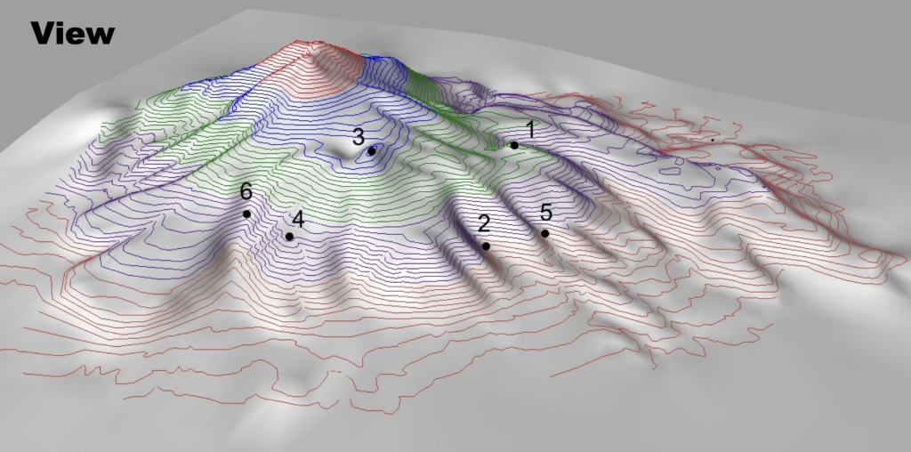 3D land surface model with superimposed contours and numbered locations marked
